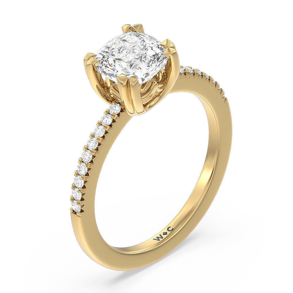 Fine Line Pave Double Claw Engagement Ring with Cushion Cut Diamond in 14KT Yellow Gold view 3
