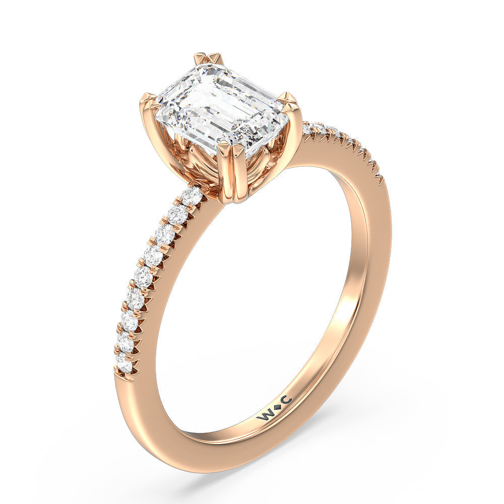 Fine Line Pave Double Claw Engagement Ring with Emerald Cut Diamond in 14KT Rose Gold view 3
