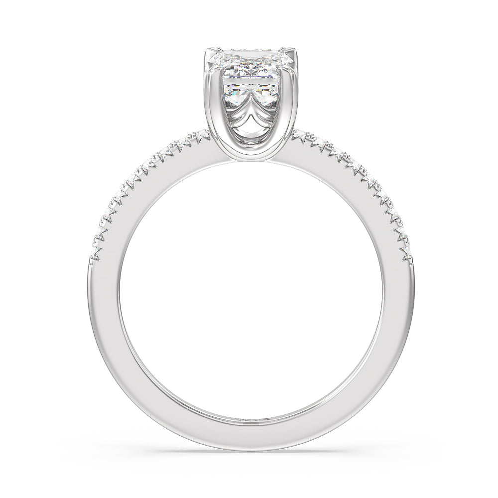 Fine Line Pave Double Claw Engagement Ring with Emerald Cut Diamond in 14KT Platinum view 2
