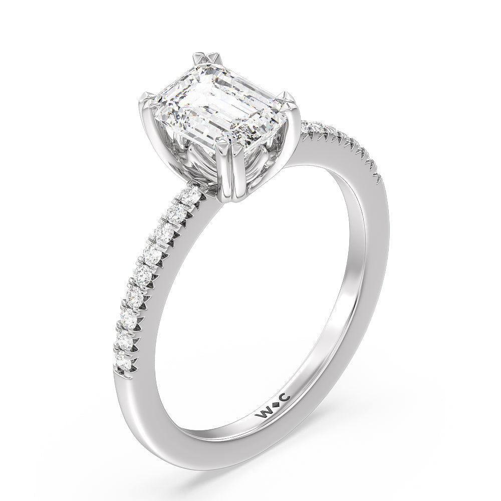 Fine Line Pave Double Claw Engagement Ring with Emerald Cut Diamond in 14KT Platinum view 3

