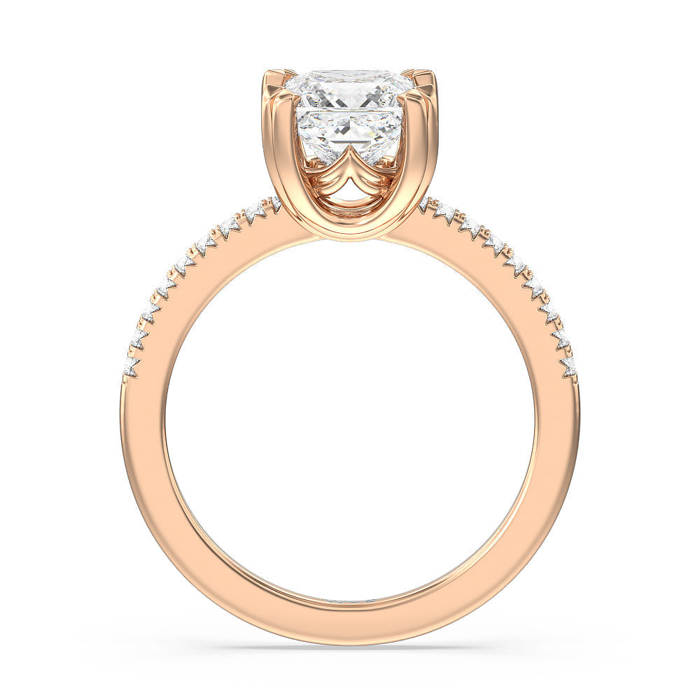 Fine Line Pave Double Claw Engagement Ring with Princess Cut Diamond in 14KT Rose Gold view 2
