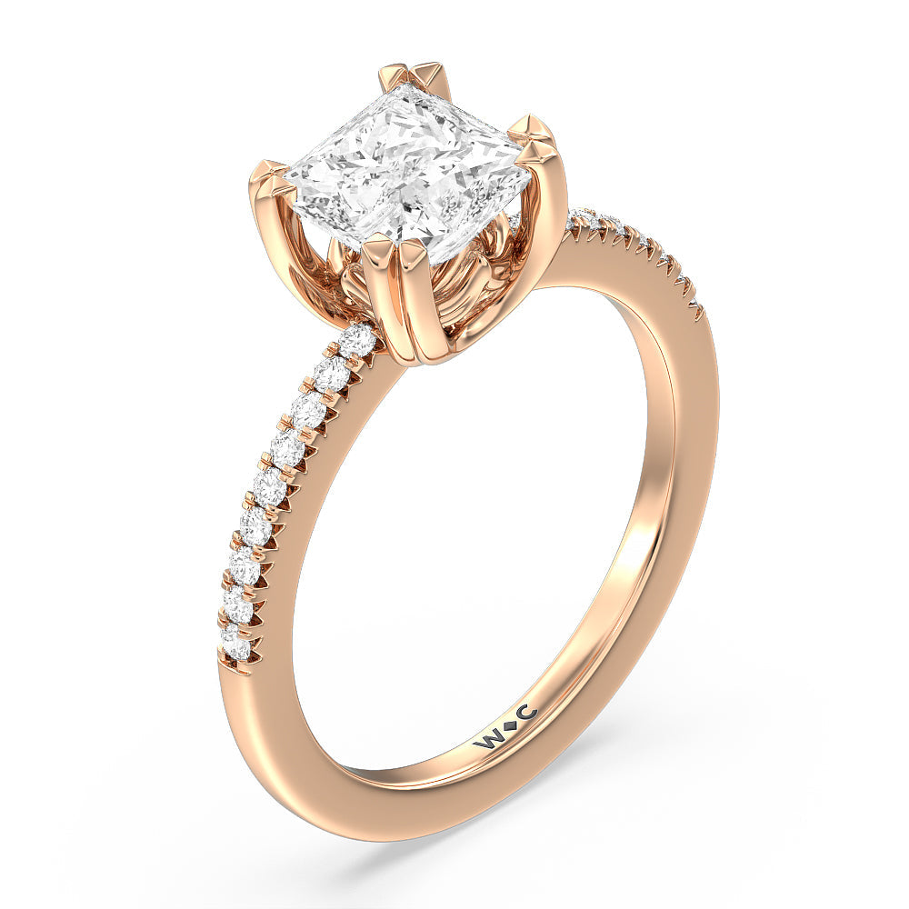 Fine Line Pave Double Claw Engagement Ring with Princess Cut Diamond in 14KT Rose Gold view 3
