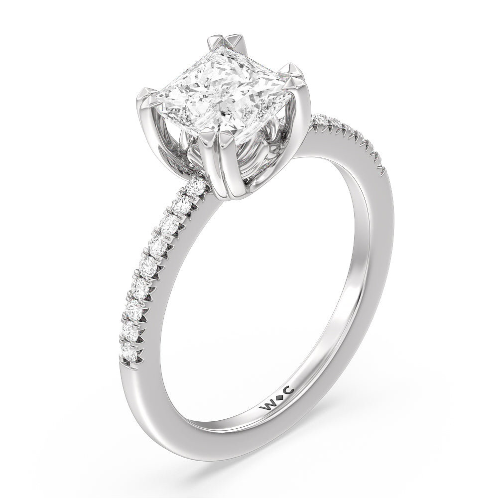 Fine Line Pave Double Claw Engagement Ring with Princess Cut Diamond in 14KT Platinum view 3
