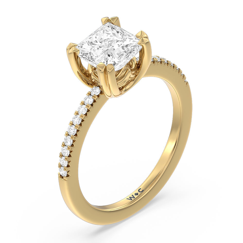 Fine Line Pave Double Claw Engagement Ring with Princess Cut Diamond in 14KT Yellow Gold view 3

