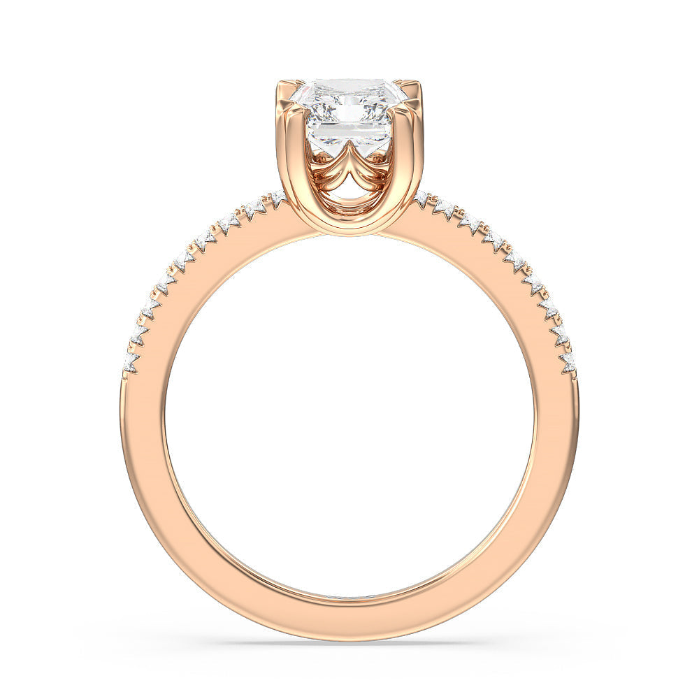 Fine Line Pave Double Claw Engagement Ring with Radiant Cut Diamond in 14KT Rose Gold view 2
