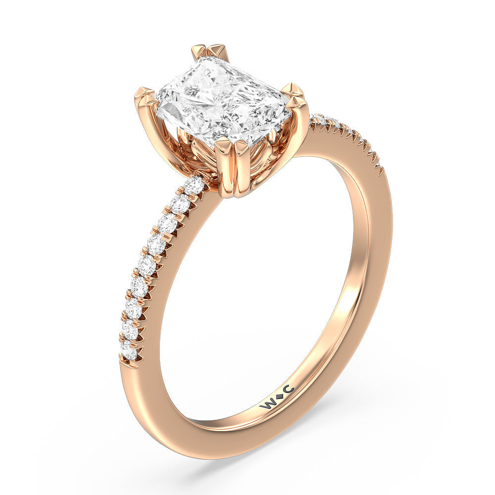 Fine Line Pave Double Claw Engagement Ring with Radiant Cut Diamond in 14KT Rose Gold view 3
