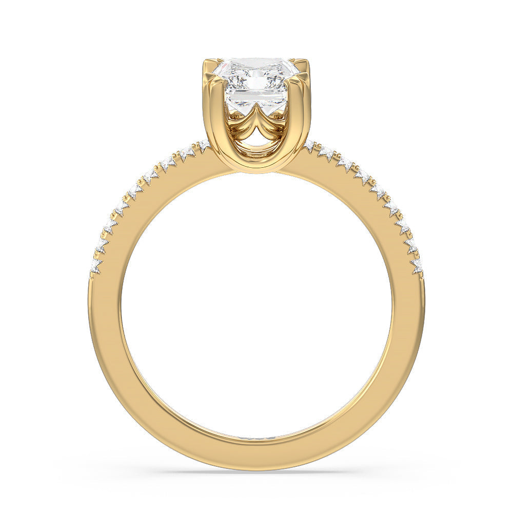 Fine Line Pave Double Claw Engagement Ring with Radiant Cut Diamond in 14KT Yellow Gold view 2
