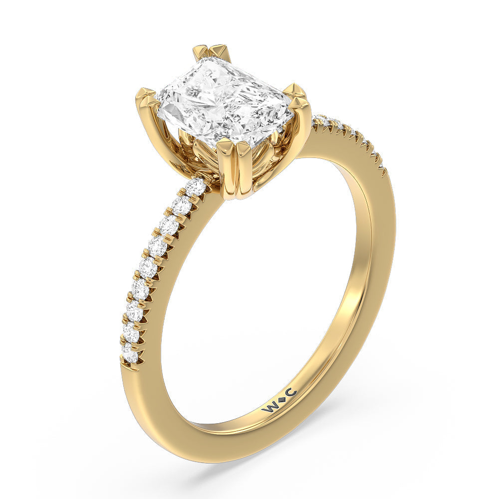 Fine Line Pave Double Claw Engagement Ring with Radiant Cut Diamond in 14KT Yellow Gold view 3
