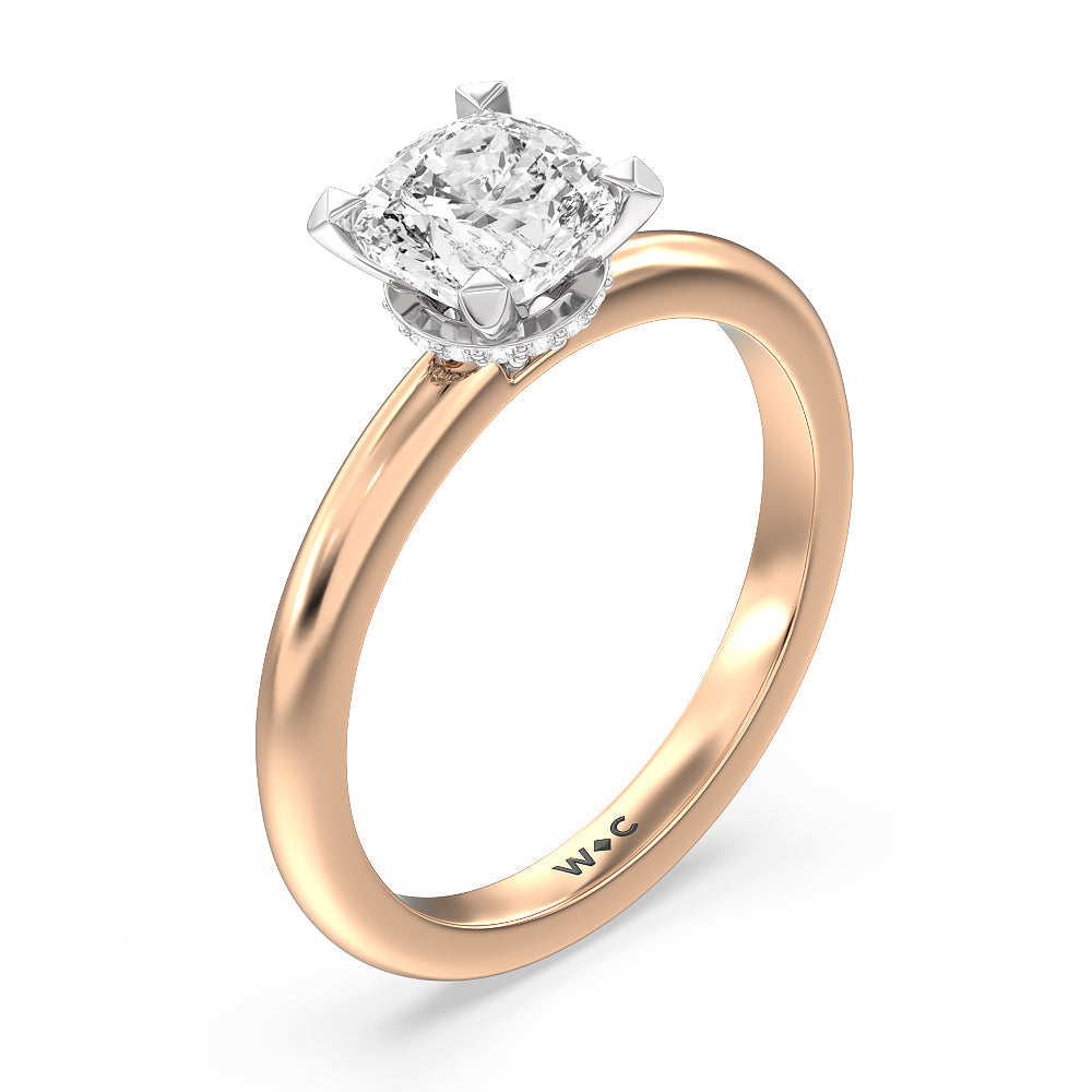 Petite Modern Fine Line Hidden Halo Engagement Ring with Cushion Cut Diamond in 14KT White & Rose Gold view 3
