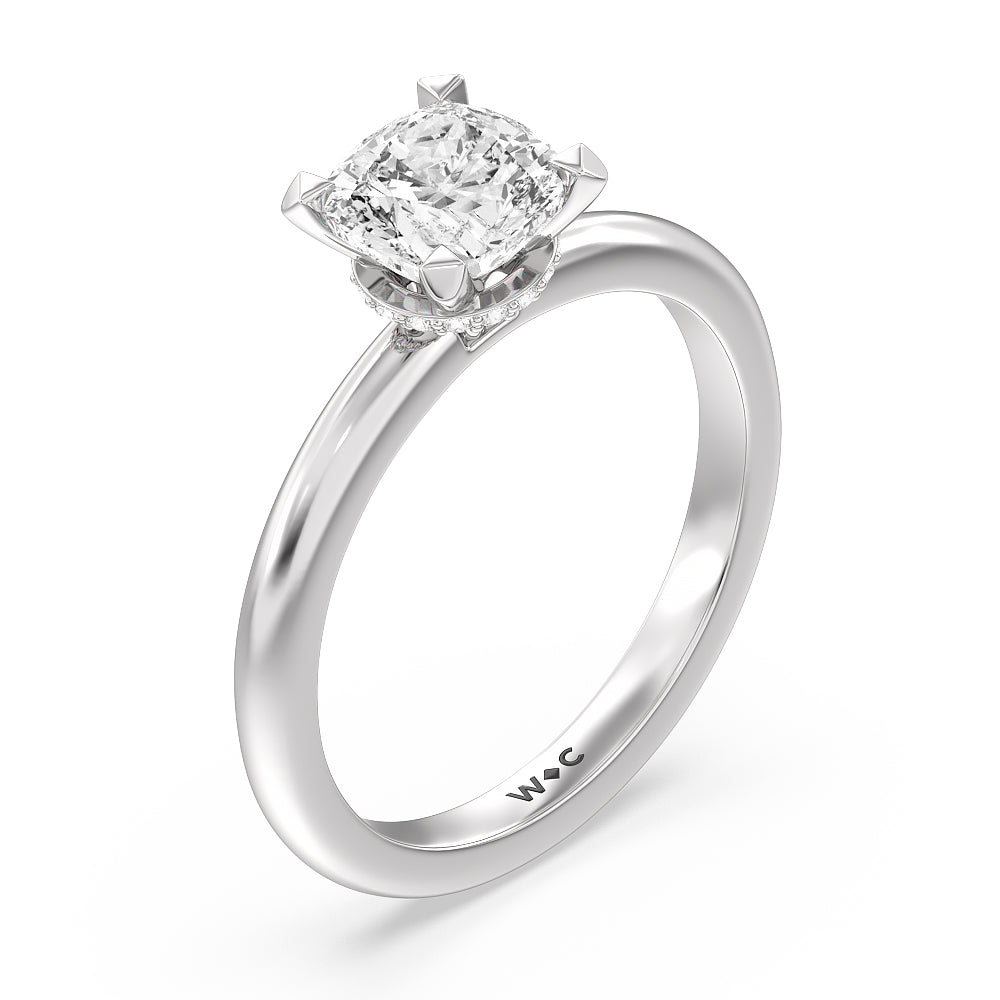 Petite Modern Fine Line Hidden Halo Engagement Ring with Cushion Cut Diamond in 14KT Platinum view 3
