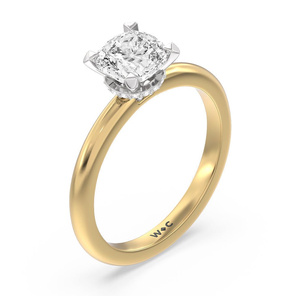 Petite Modern Fine Line Hidden Halo Engagement Ring with Cushion Cut Diamond in 14KT White & Yellow Gold view 3
