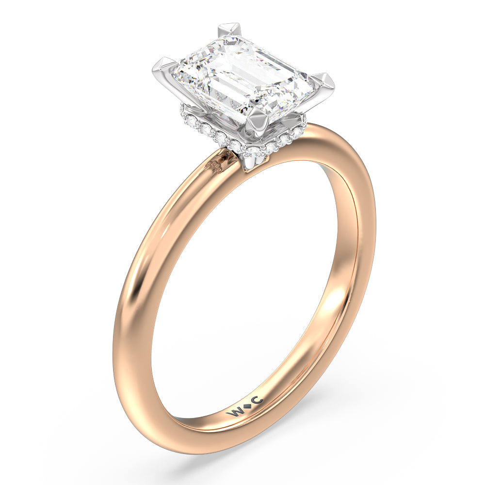 Petite Modern Fine Line Hidden Halo Engagement Ring with Emerald Cut Diamond in 14KT White & Rose Gold view 3
