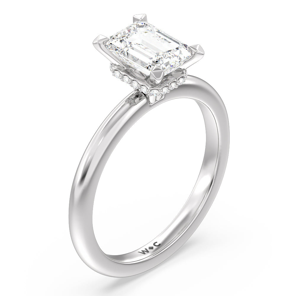 Petite Modern Fine Line Hidden Halo Engagement Ring with Emerald Cut Diamond in 14KT Platinum view 3
