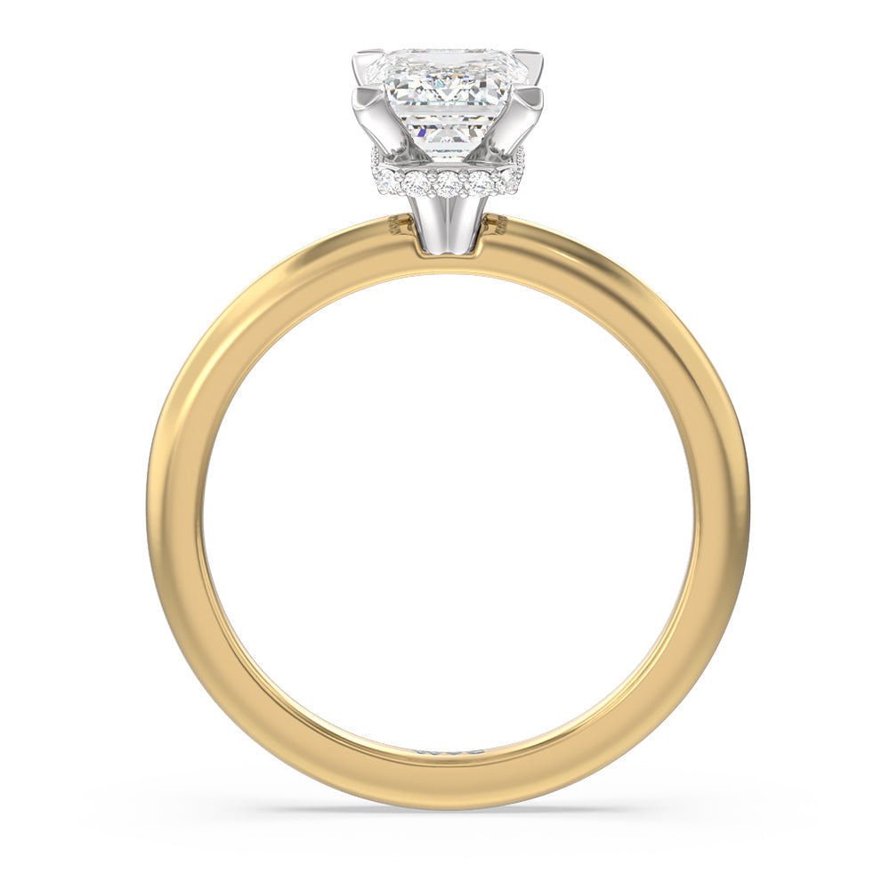 Petite Modern Fine Line Hidden Halo Engagement Ring with Emerald Cut Diamond in 14KT White & Yellow Gold view 2
