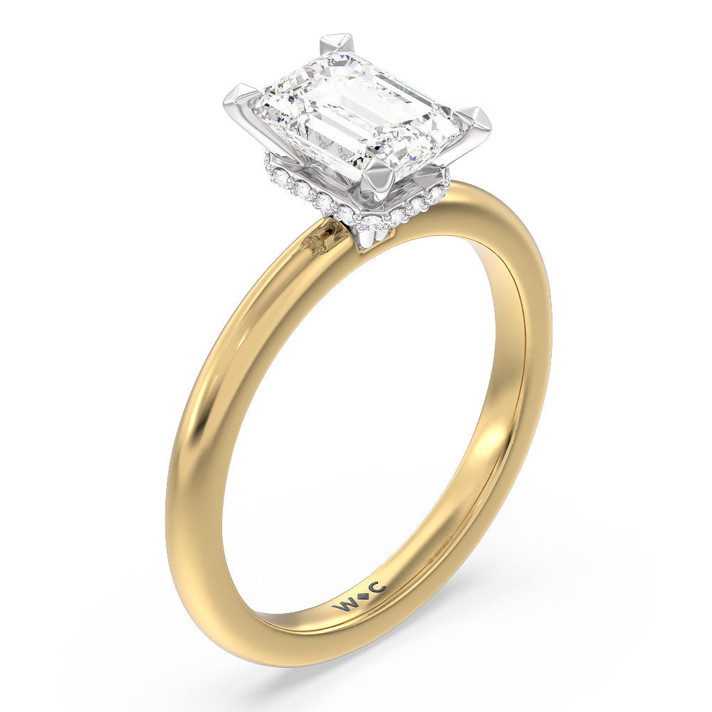 Petite Modern Fine Line Hidden Halo Engagement Ring with Emerald Cut Diamond in 14KT White & Yellow Gold view 3
