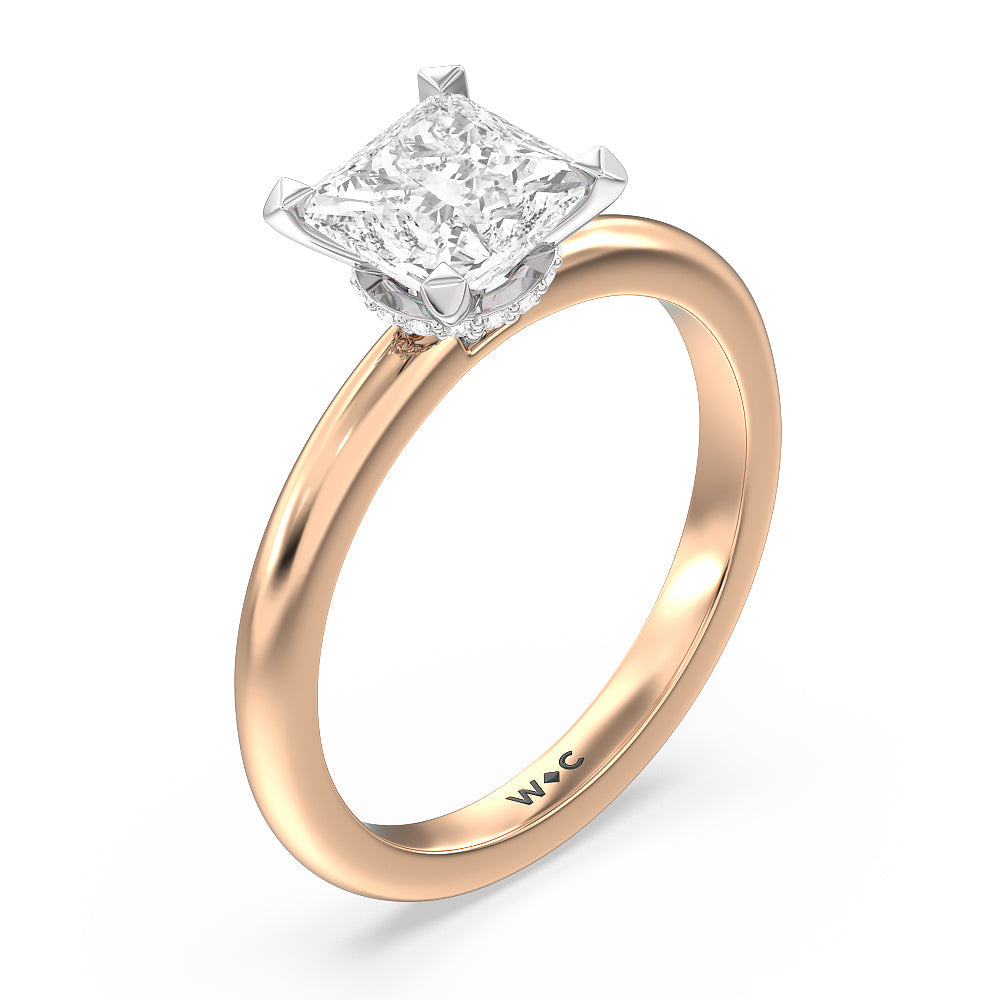 Petite Modern Fine Line Hidden Halo Engagement Ring with Princess Cut Diamond in 14KT White & Rose Gold view 3
