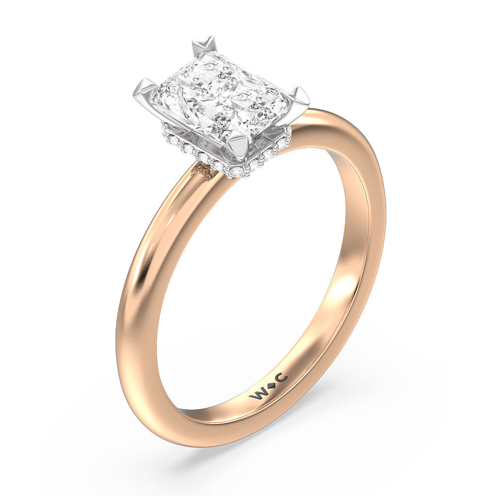Petite Modern Fine Line Hidden Halo Engagement Ring with Radiant Cut Diamond in 14KT White & Rose Gold view 3
