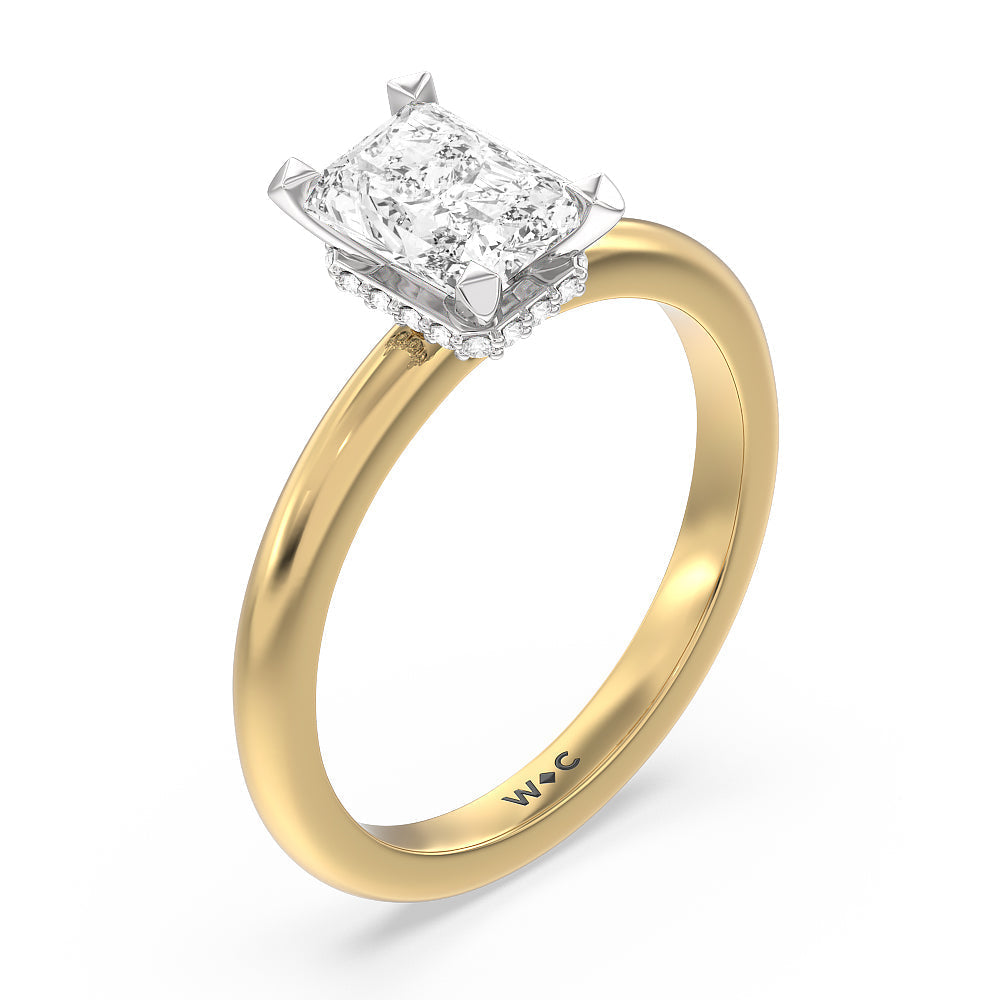 Petite Modern Fine Line Hidden Halo Engagement Ring with Radiant Cut Diamond in 14KT White & Yellow Gold view 3
