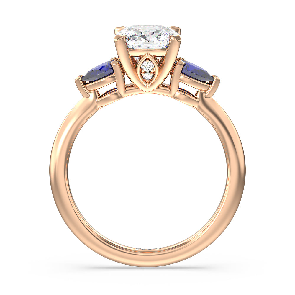 Cushion Cut Something Blue Iris Three Stone Engagement Ring with Lab Grown Diamond in 14KT Rose Gold view 2
