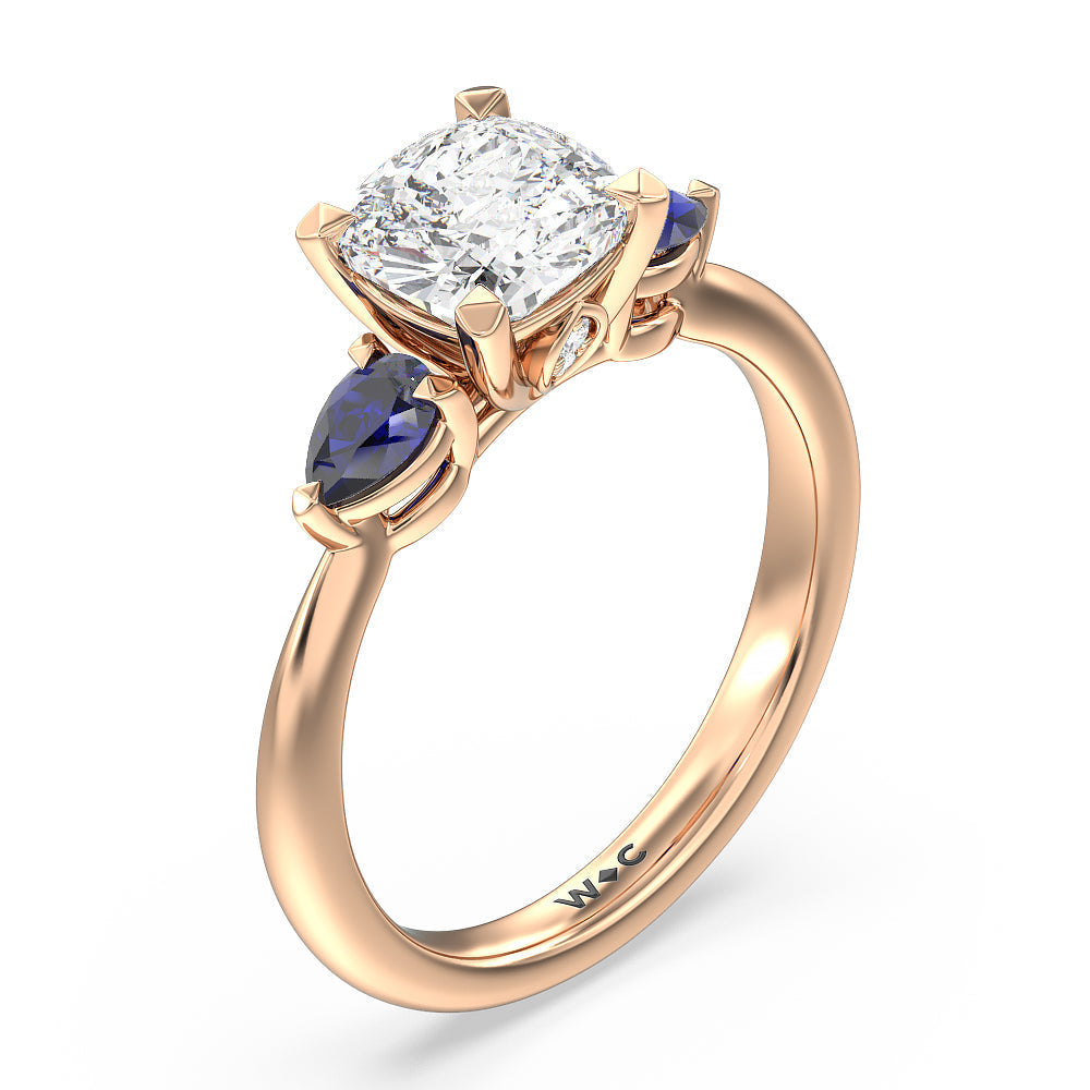 Cushion Cut Something Blue Iris Three Stone Engagement Ring with Lab Grown Diamond in 14KT Rose Gold view 3
