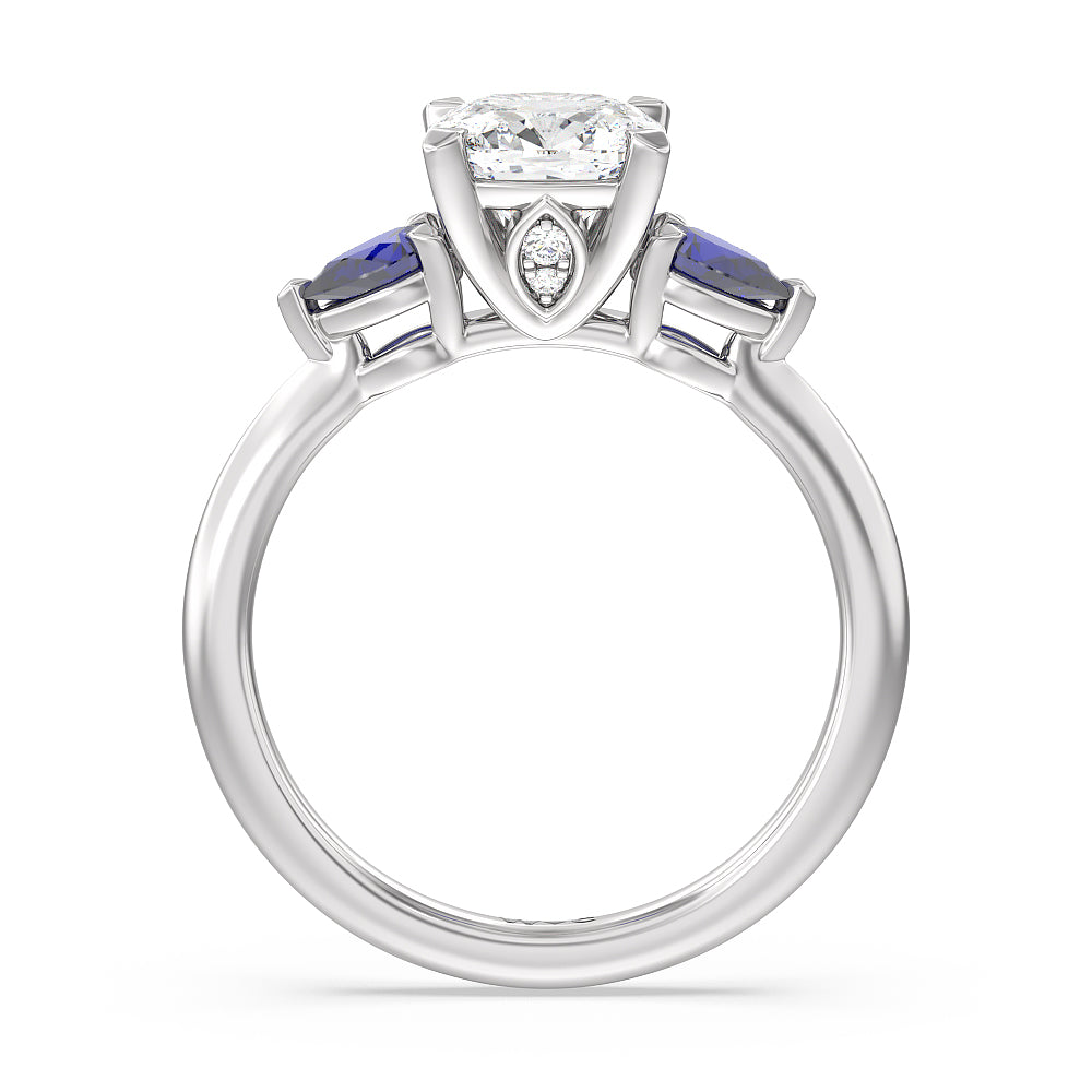 Cushion Cut Something Blue Iris Three Stone Engagement Ring with Lab Grown Diamond in 14KT Platinum view 2

