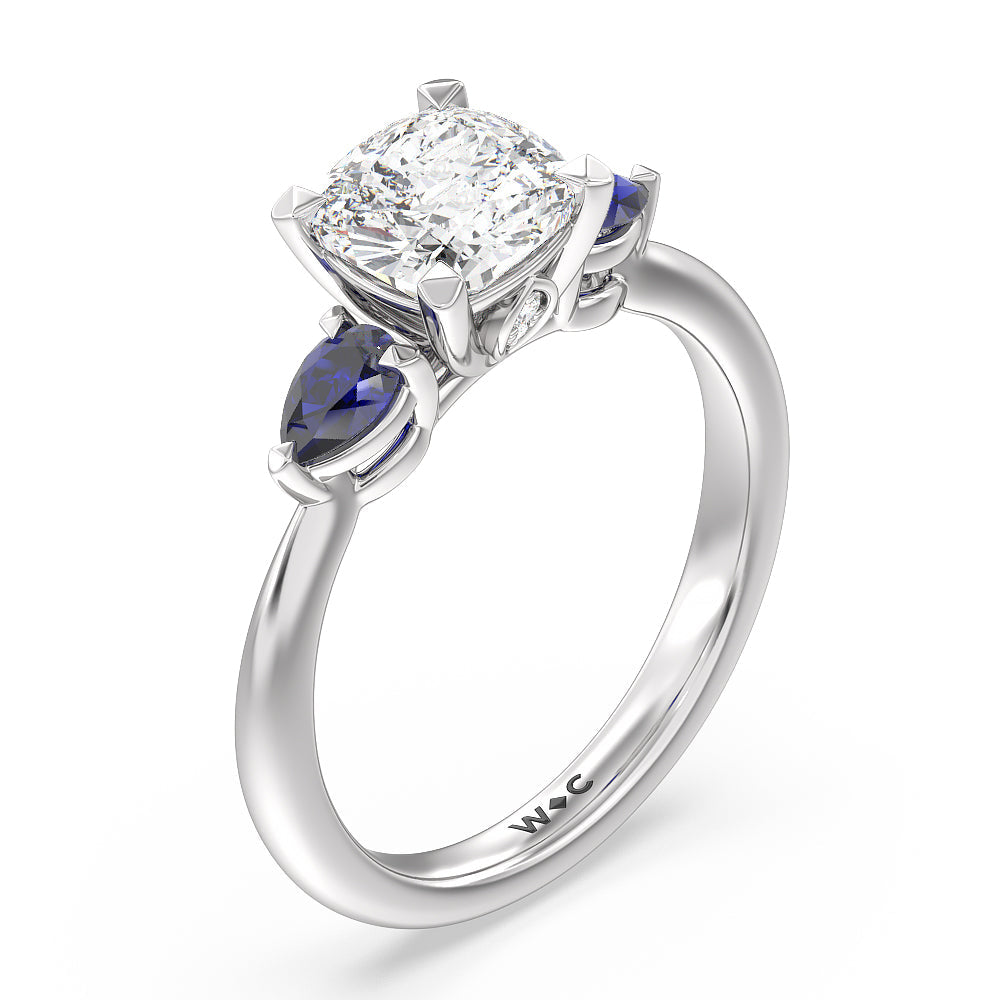 Cushion Cut Something Blue Iris Three Stone Engagement Ring with Lab Grown Diamond in 14KT Platinum view 3

