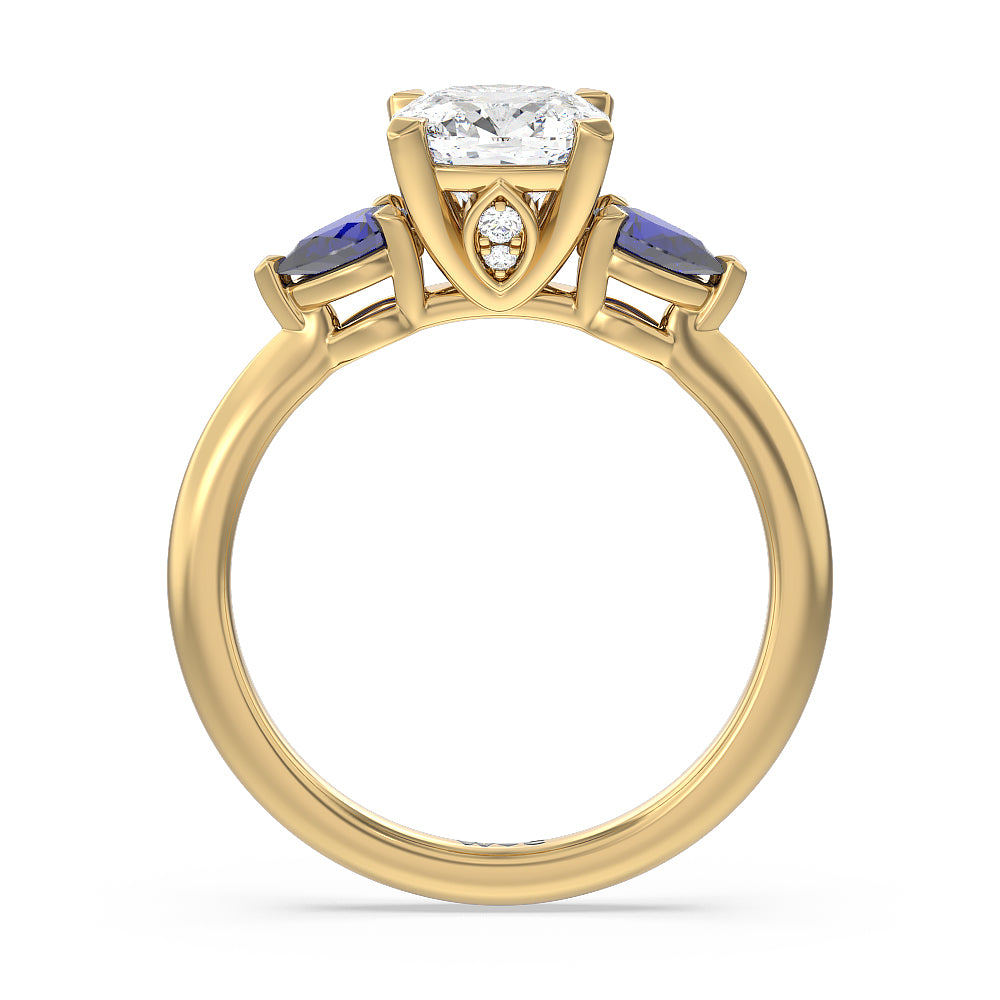 Cushion Cut Something Blue Iris Three Stone Engagement Ring with Lab Grown Diamond in 14KT Yellow Gold view 2
