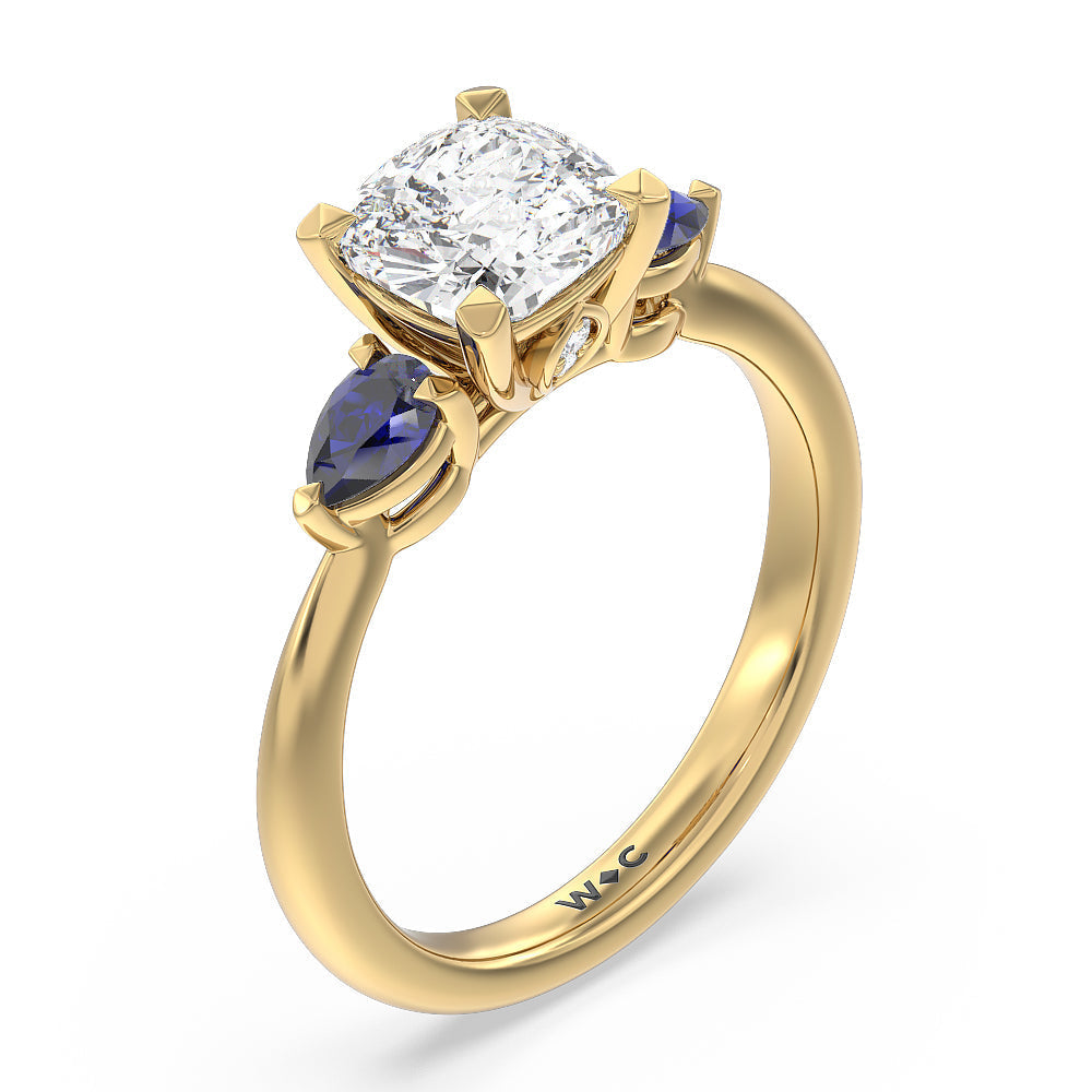Cushion Cut Something Blue Iris Three Stone Engagement Ring with Lab Grown Diamond in 14KT Yellow Gold view 3

