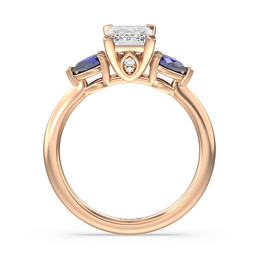 Emerald Cut Something Blue Iris Three Stone Engagement Ring with Lab Grown Diamond in 14KT Rose Gold view 2
