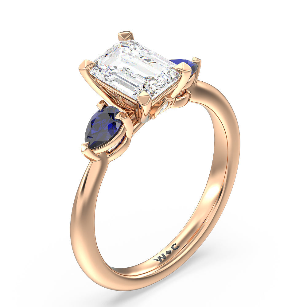 Emerald Cut Something Blue Iris Three Stone Engagement Ring with Lab Grown Diamond in 14KT Rose Gold view 3
