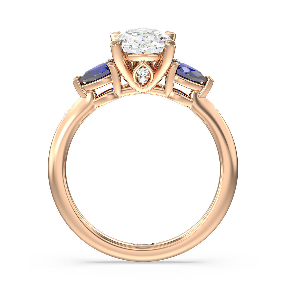 Oval Cut Something Blue Iris Three Stone Engagement Ring with Lab Grown Diamond in 14KT Rose Gold view 2
