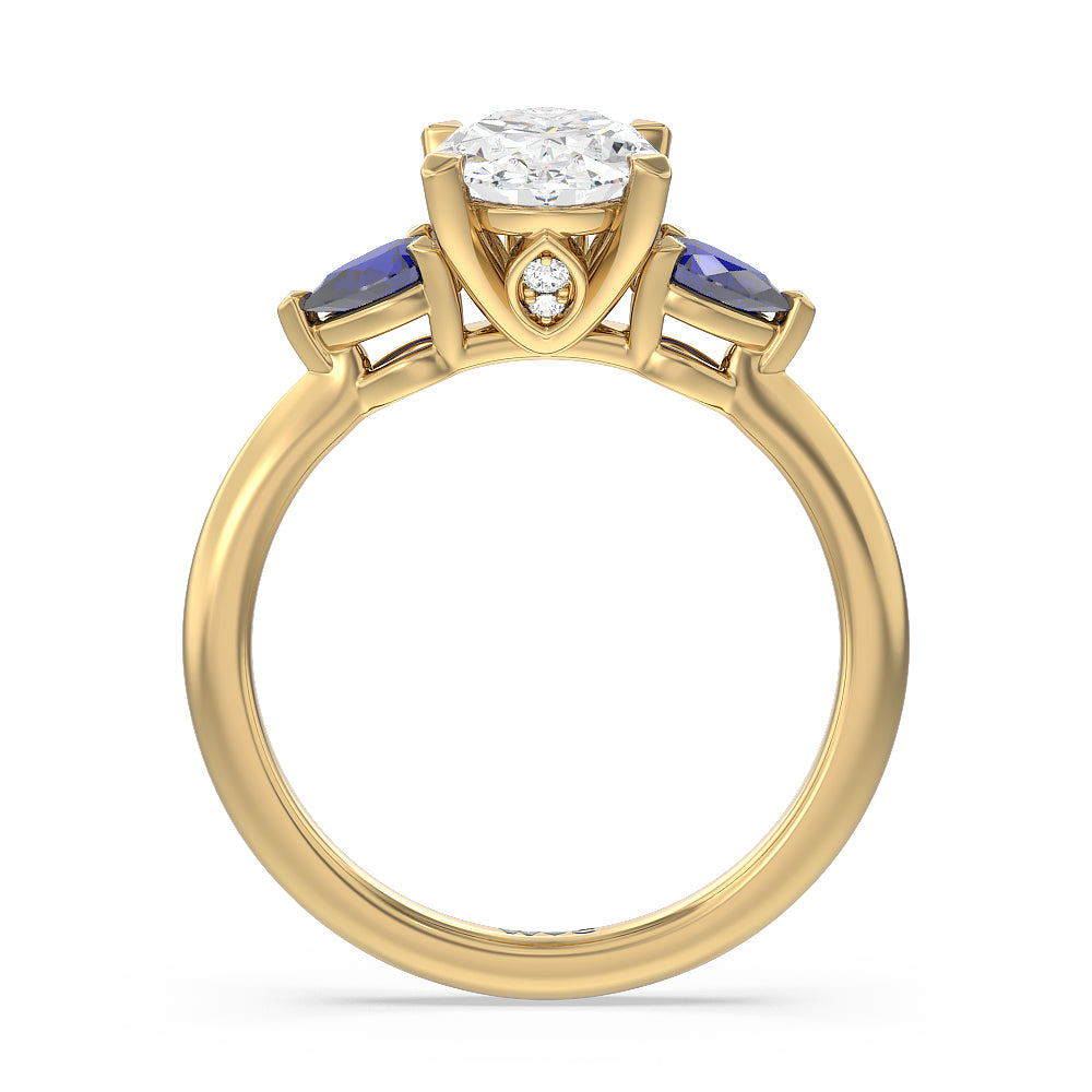 Oval Cut Something Blue Iris Three Stone Engagement Ring with Lab Grown Diamond in 14KT Yellow Gold view 2
