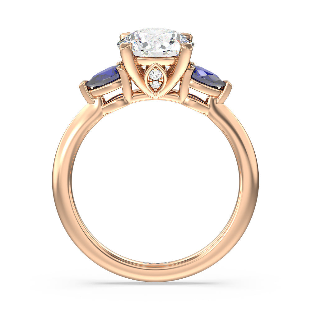 Round Cut Something Blue Iris Three Stone Engagement Ring with Lab Grown Diamond in 14KT Rose Gold view 2
