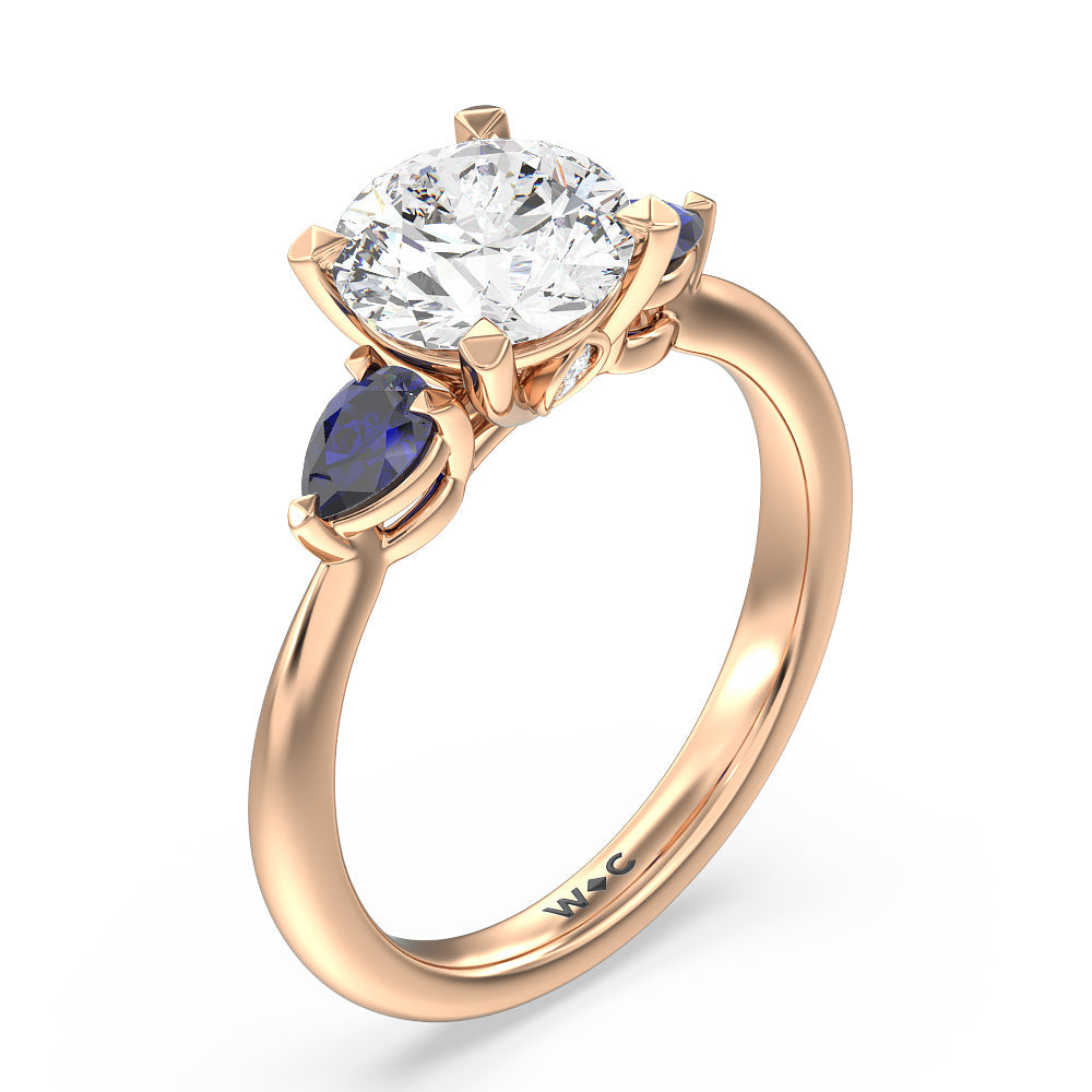 Round Cut Something Blue Iris Three Stone Engagement Ring with Lab Grown Diamond in 14KT Rose Gold view 3
