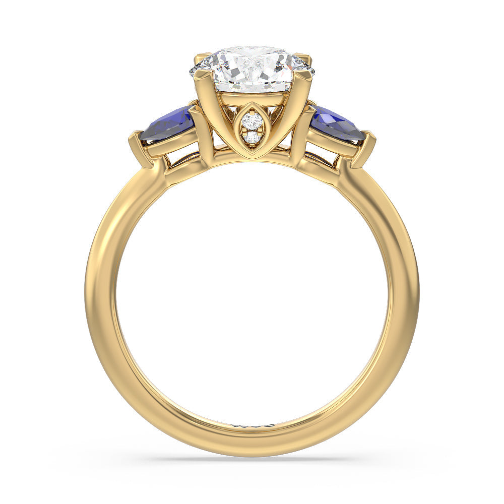 Round Cut Something Blue Iris Three Stone Engagement Ring with Lab Grown Diamond in 14KT Yellow Gold view 2
