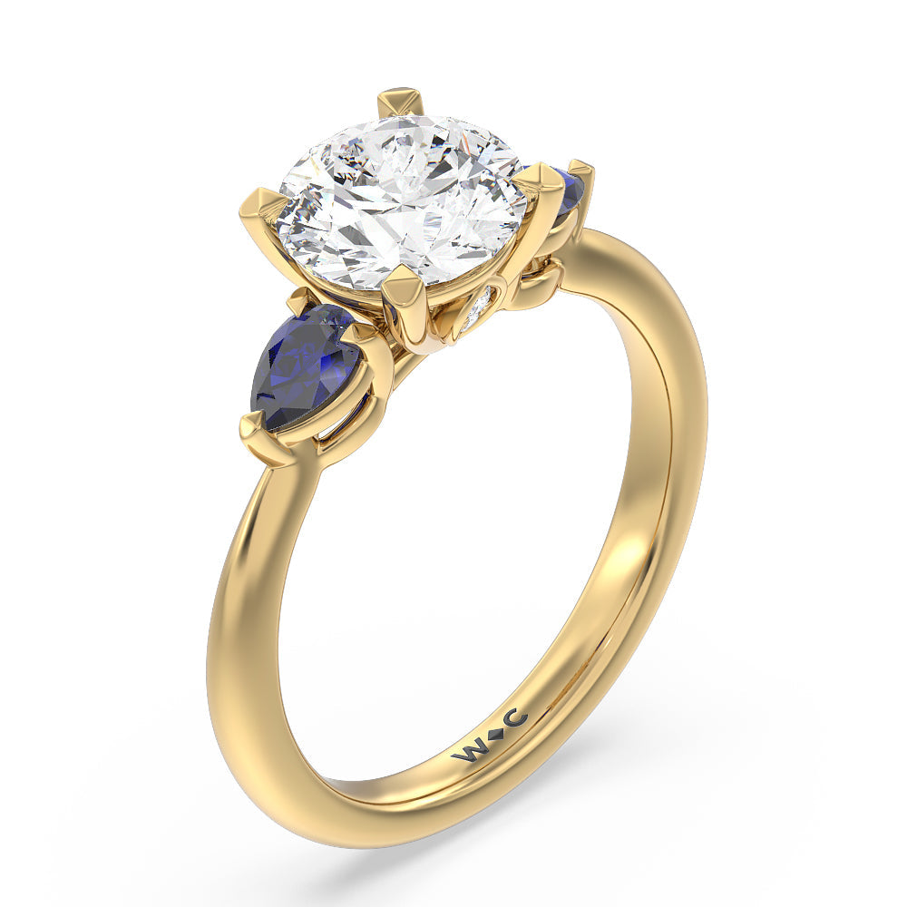 Round Cut Something Blue Iris Three Stone Engagement Ring with Lab Grown Diamond in 14KT Yellow Gold view 3
