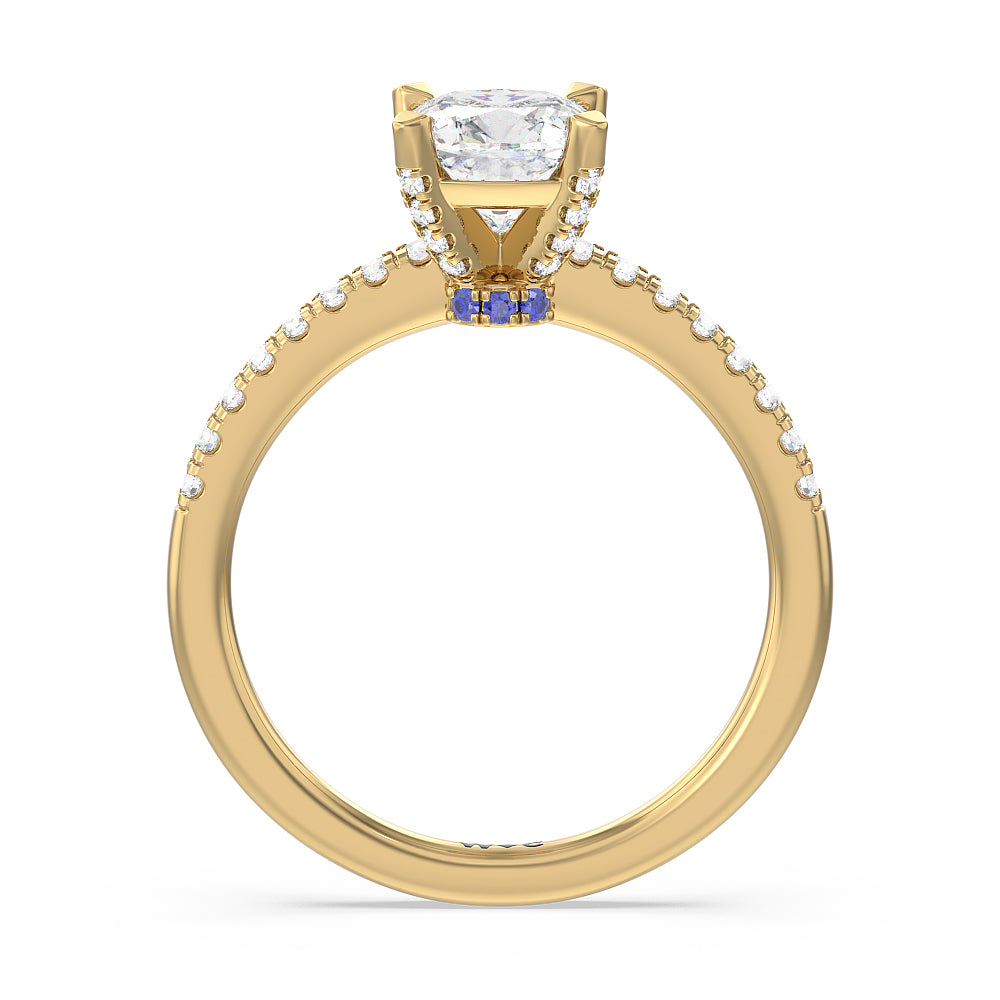 Something Blue Veronica Spire Under Halo Engagement Ring with Cushion Cut Diamond in 14KT Yellow Gold view 2
