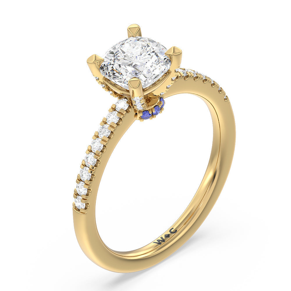Something Blue Veronica Spire Under Halo Engagement Ring with Cushion Cut Diamond in 14KT Yellow Gold view 3
