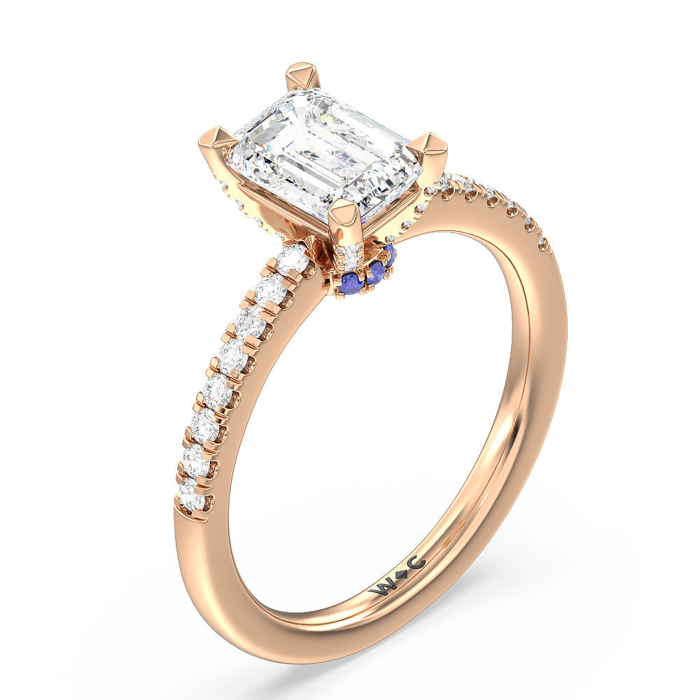 Something Blue Veronica Spire Under Halo Engagement Ring with Emerald Cut Diamond in 14KT Rose Gold view 3
