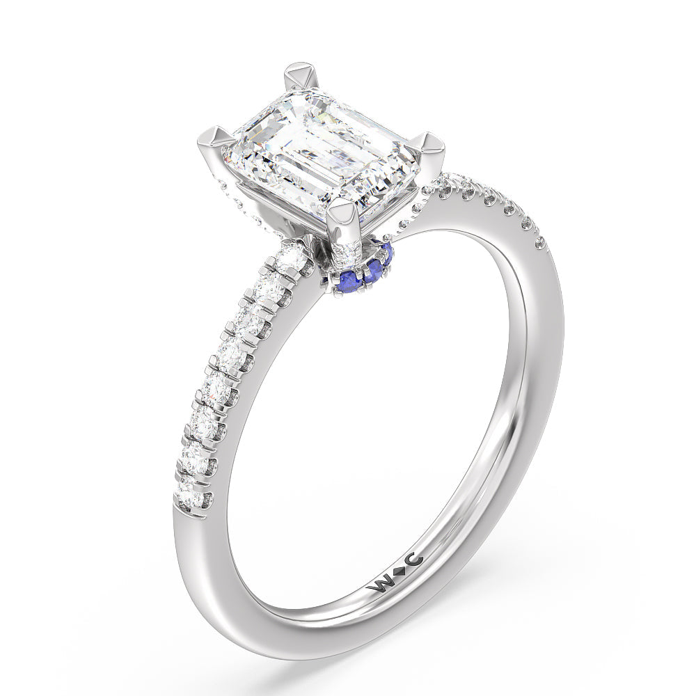 Something Blue Veronica Spire Under Halo Engagement Ring with Emerald Cut Diamond in 14KT Platinum view 3
