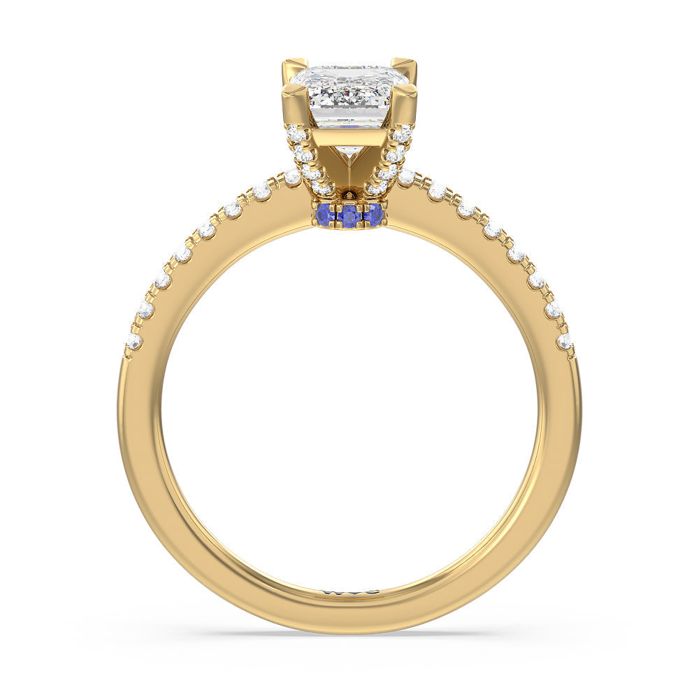 Something Blue Veronica Spire Under Halo Engagement Ring with Emerald Cut Diamond in 14KT Yellow Gold view 2
