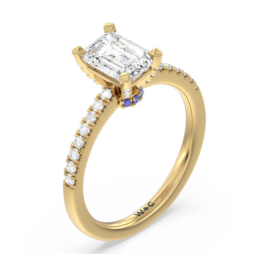 Something Blue Veronica Spire Under Halo Engagement Ring with Emerald Cut Diamond in 14KT Yellow Gold view 3
