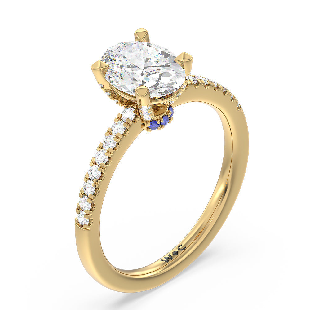Something Blue Veronica Spire Under Halo Engagement Ring with Oval Cut Diamond in 14KT Yellow Gold view 3
