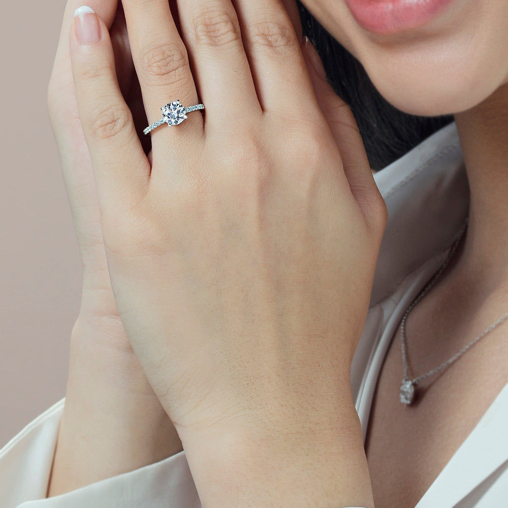 Model Wearing Something Blue Veronica Spire Under Halo Engagement Ring view