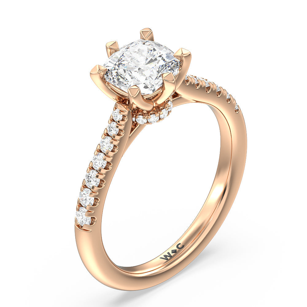 Classic Pave Under Halo Engagement Ring with Cushion Cut Diamond in 14KT Rose Gold view 3
