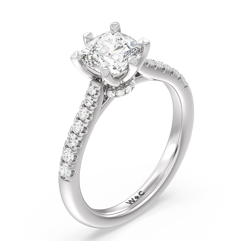 Classic Pave Under Halo Engagement Ring with Cushion Cut Diamond in 14KT Platinum view 3
