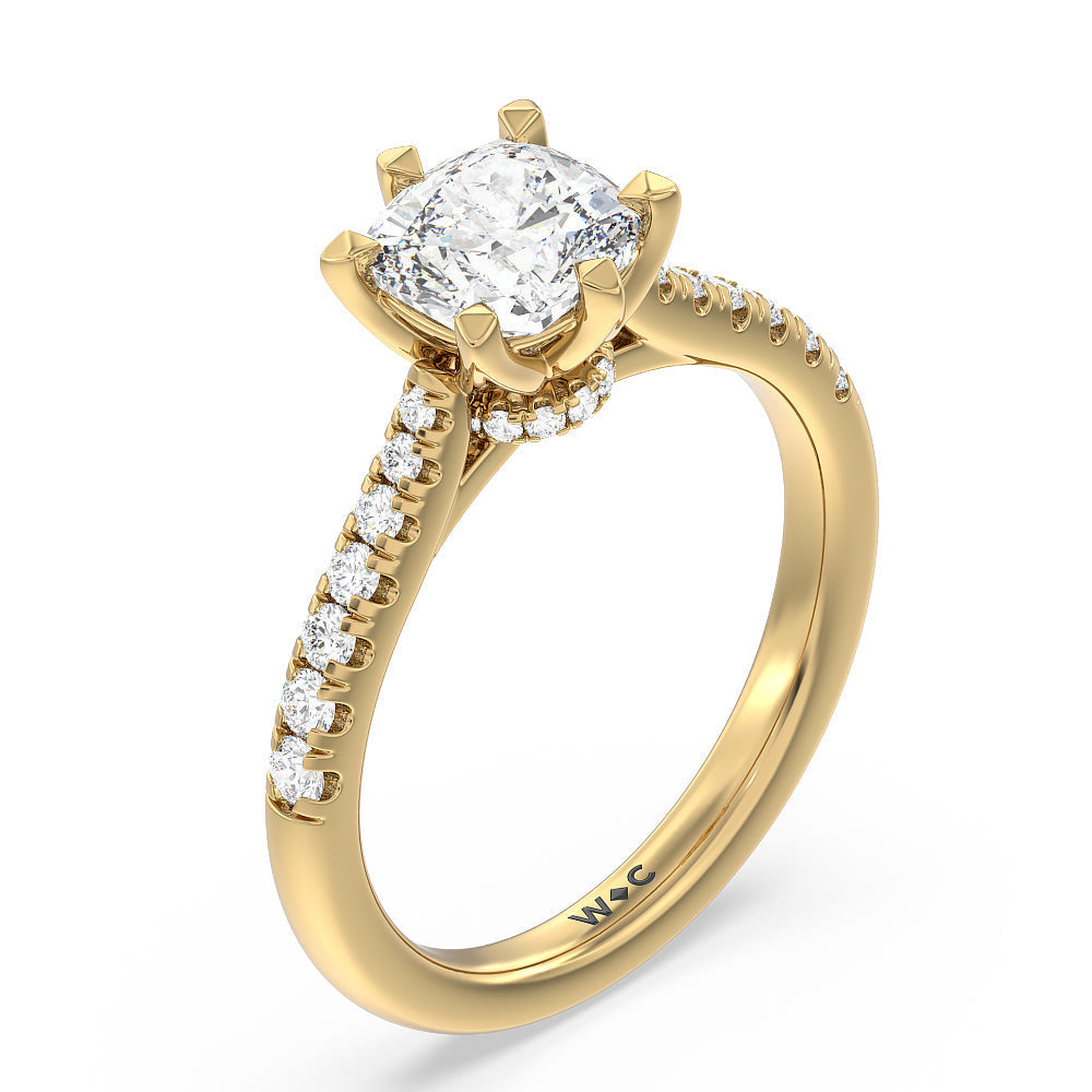 Classic Pave Under Halo Engagement Ring with Cushion Cut Diamond in 14KT Yellow Gold view 3
