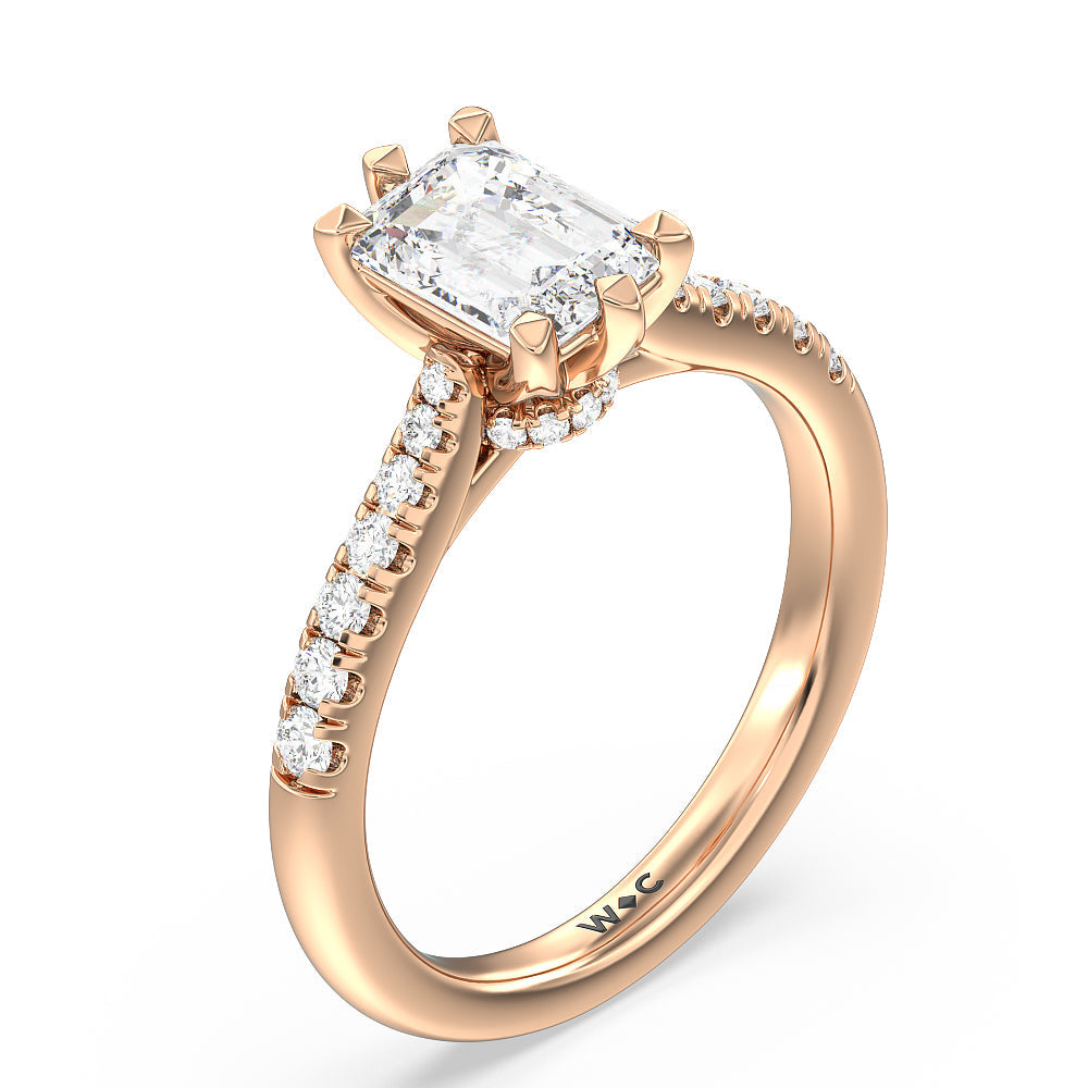 Classic Pave Under Halo Engagement Ring with Emerald Cut Diamond in 14KT Rose Gold view 3
