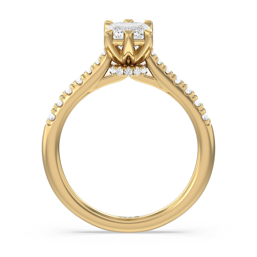 Classic Pave Under Halo Engagement Ring with Emerald Cut Diamond in 14KT Yellow Gold view 2
