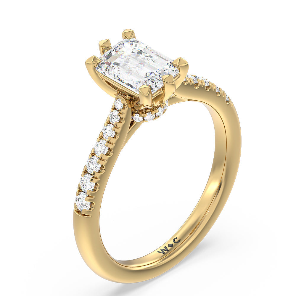 Classic Pave Under Halo Engagement Ring with Emerald Cut Diamond in 14KT Yellow Gold view 3
